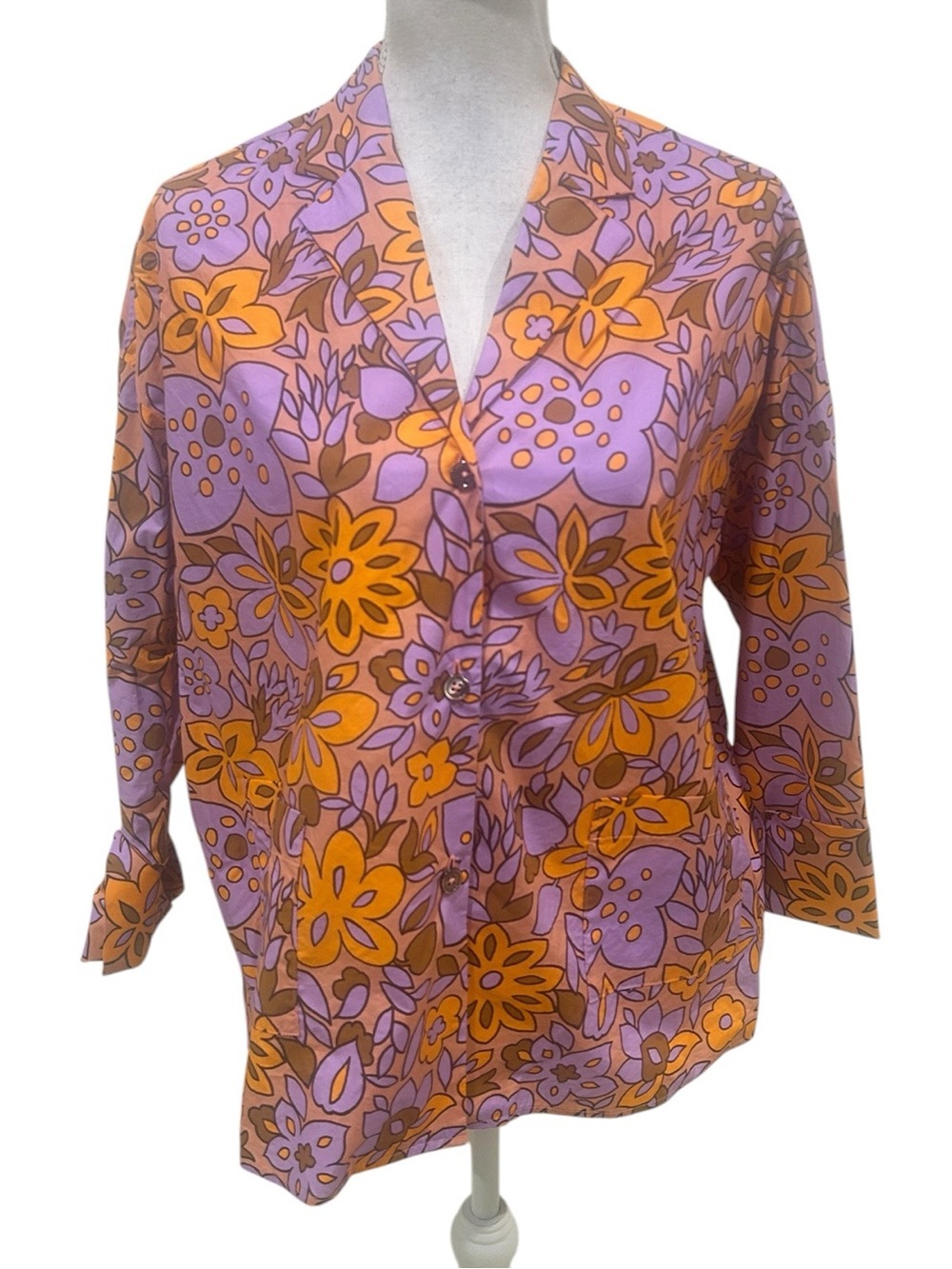 Odeeh Floral V-Neck Button-Front Blouse Purple & Orange pockets Italy size small